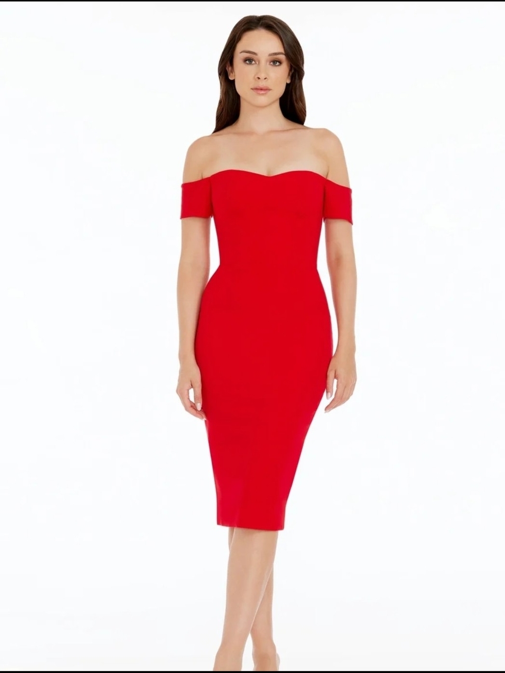 Dress the Population Red Off The Shoulder Sheath Dress Stretch Crepe M New - Picture 8 of 9